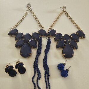 Jewelry Set: 4 Pairs of Blue Earrings and 1 Pair of Blue Flower Hair Clips